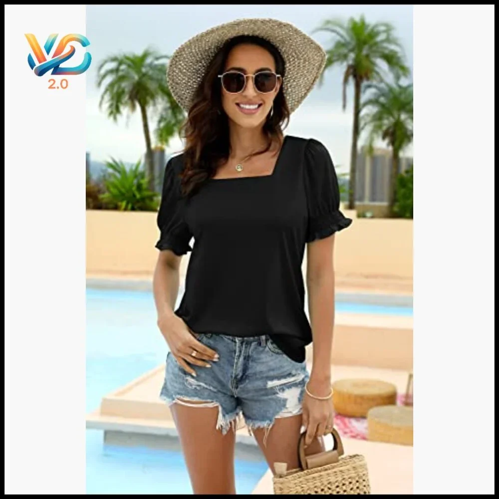 Summer Casual T-Shirt with Ruffle Trim Sleeves and Square Neck - Picture 2 of 7